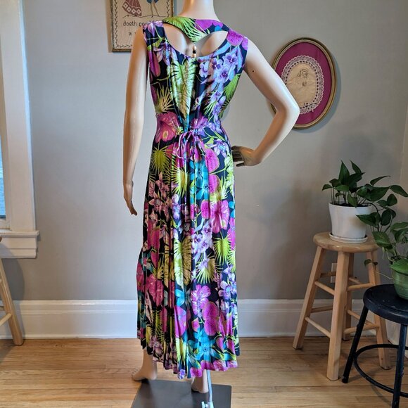 Vintage 90s Scarlett Midi Dress Button Front Tropical Print Funky Cottagecore 13 - Picture 15 of 16